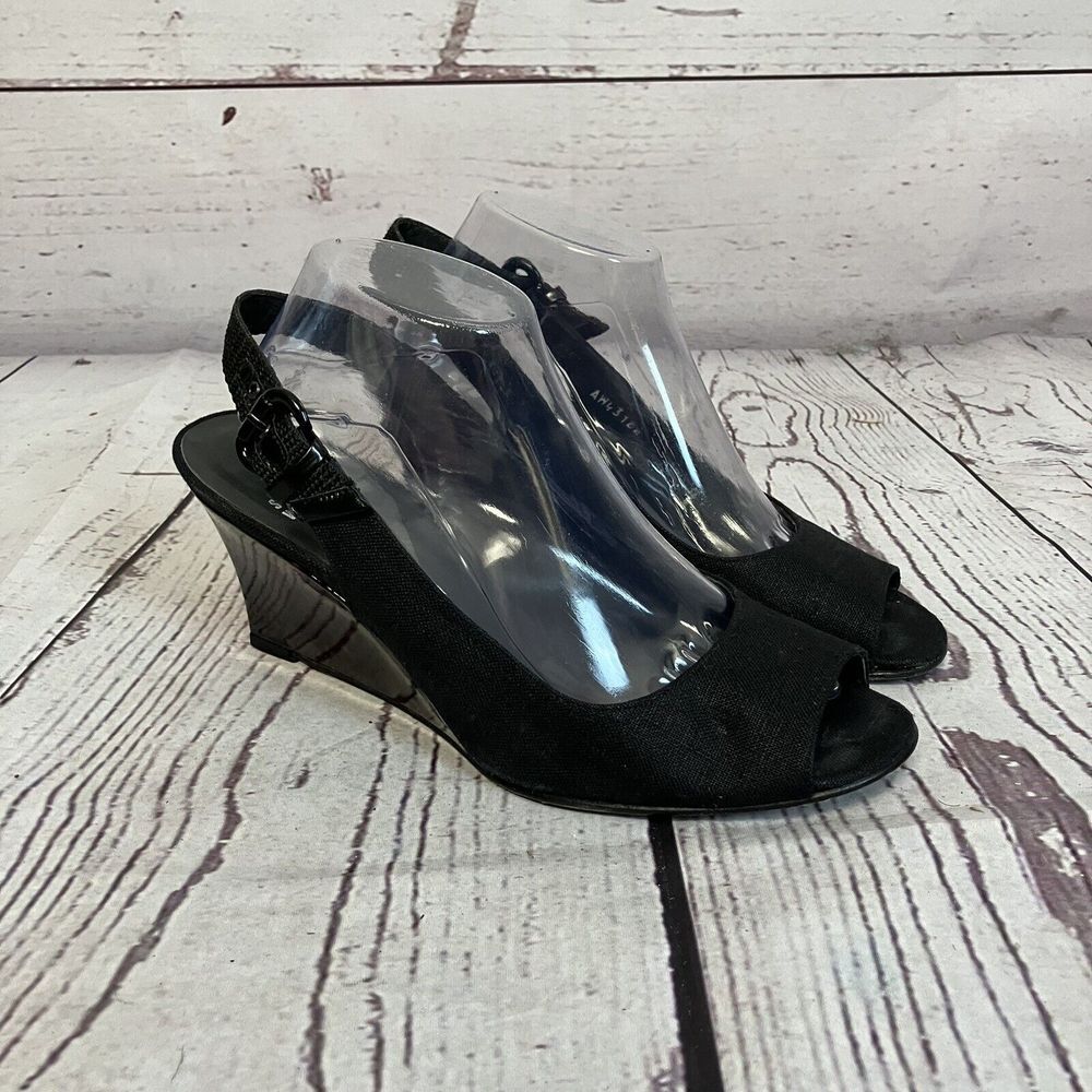 Stuart Weitzman Shoes Womens 10 Black Slingback Wedge Sandals Open Toe